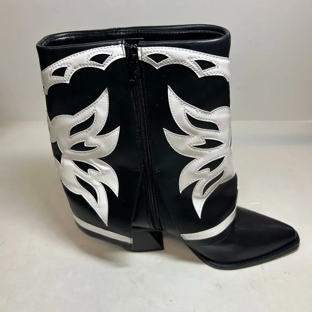 INC Womens 6.5 M Black White Smooth Jadiza Western High Heel Boots DISPLAY QK6